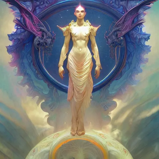 Image similar to astral dragon, cinematic lighting, intricate, elegant, highly detailed, digital painting, artstation, sharp focus, illustration, psychedelic colors, art by artgerm and greg rutkowski and alphonse mucha and Wayne Barlowe and william-adolphe bouguereau