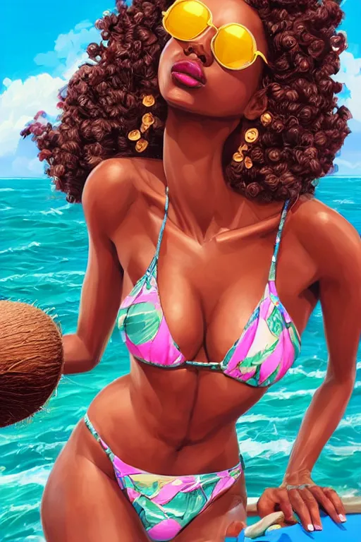 Prompt: a highly detailed beautiful portrait of Black women in the Caribbean wearing aquamarine bikini and shades, full glossy lips, drinking out of a coconut highly detailed, 2d game fanart behance hd by Jesper Ejsing, by RHADS, Makoto Shinkaih and Lois van baarle, ilya kuvshinov, rossdraws global illumination, cinematic , hyper-reslistic, depth of field, coherent, high definition, 8k resolution octane renderer, artstation