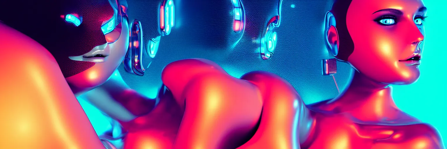 Prompt: a close - up of sensual female humanoid head with freckles cheeks, out - focussed cyber neon lighting background, retro futurism, retro futuristic glossy latex bikini, bokeh background, profile posing, hyper photorealistic, crispy quality, digital photography, art by pascal blanche, art by artgerm, art by greg rutkowski,