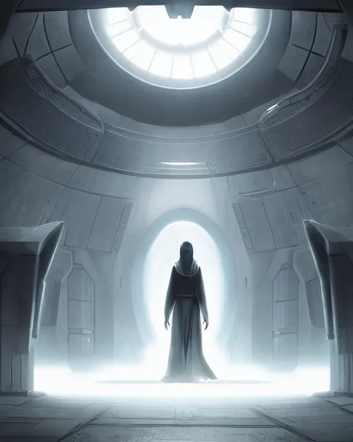 Image similar to half body shot, beautiful woman dark lord of the sith wearing a hooded jedi cloak, standing in deathstar hallway, rim light, volumetric lighting, digital painting, artstation, concept art, smooth, sharp focus, illustration, art by arney freytag, glamour pose, greg rutkowski, soft ambient lighting, particle effects