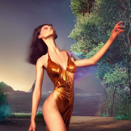 Prompt: girl in a bikini, with ethereal full body, digital image of a elegantly posed dancing futuristic woman beautifully intertwined in realistic chrome flame foliage dress liquid like fire, full body shot, by Andrew Chiampo, artstation, and Frederik Heyman, extremely detailed woman, stunning volumetric lighting, hyper realism, fantasy, intricate detail, 4k,