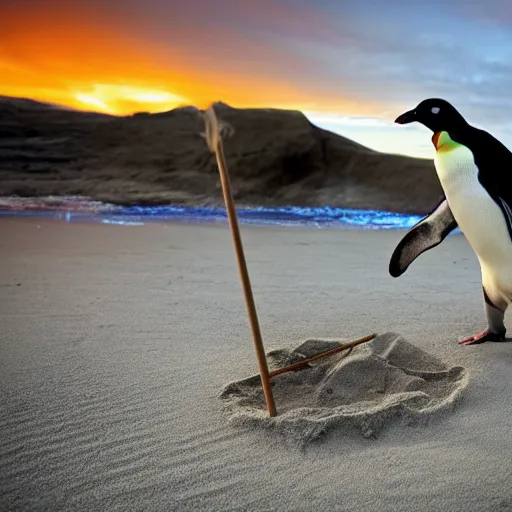 Prompt: photo of a penguin writing mathematics with a stick in the sand, sunset natural geographic, award winning