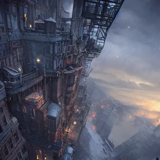 Prompt: view down from a vertical towering structure, dense, towers, towering blocks, bridges, russian style, snow, roofs, stormy sunset, airships, wide angle lens, concept art, highly detailed, 8k, hyper realistic, unreal engine