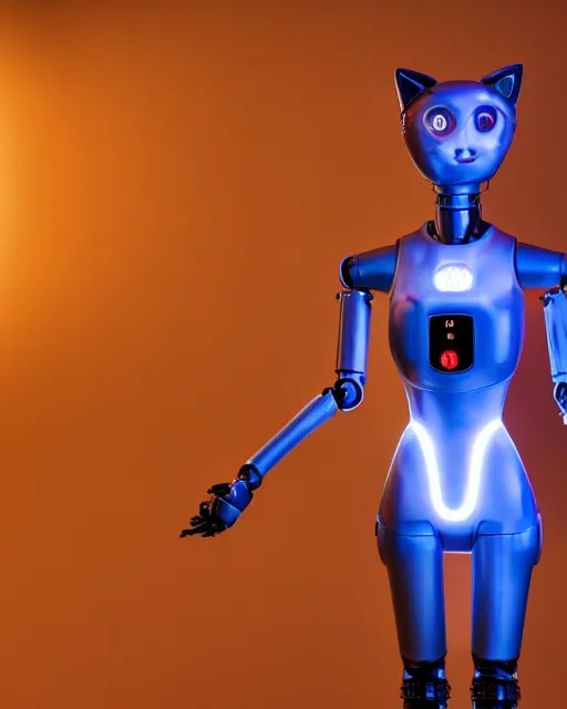 Image similar to high quality presentation noght photo of an illuminated cat-like female robot on mars, photography 4k, full body, f1.8 anamorphic, bokeh, 4k, Canon, Nikon