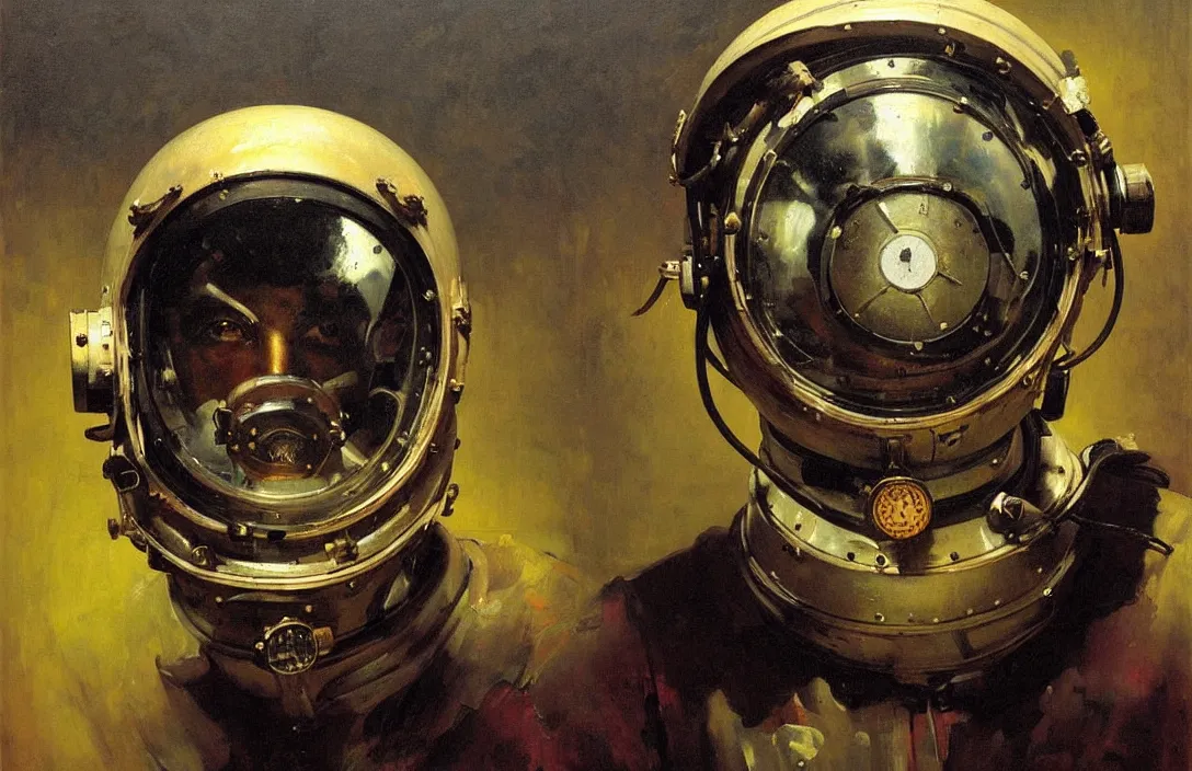 Image similar to portrait of deep sea diver helmet!!!!!!!!!!!!!!!!!!!!!!!!!!!, detailed face, detailed painting, epic lighting, by ilya repin, phil hale and kent williams