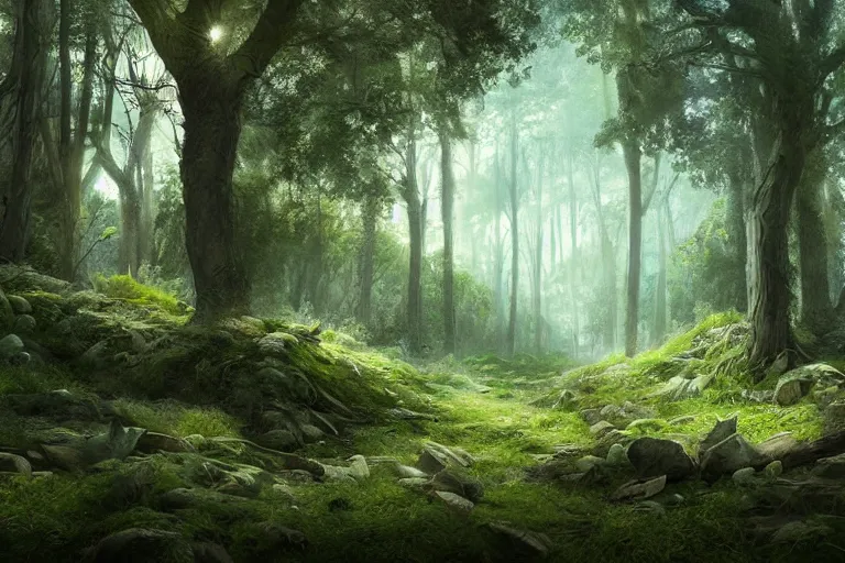 Image similar to a clearing in the forest, sharp focus, matte painting, illustration, concept art, ancient city covered in foliage