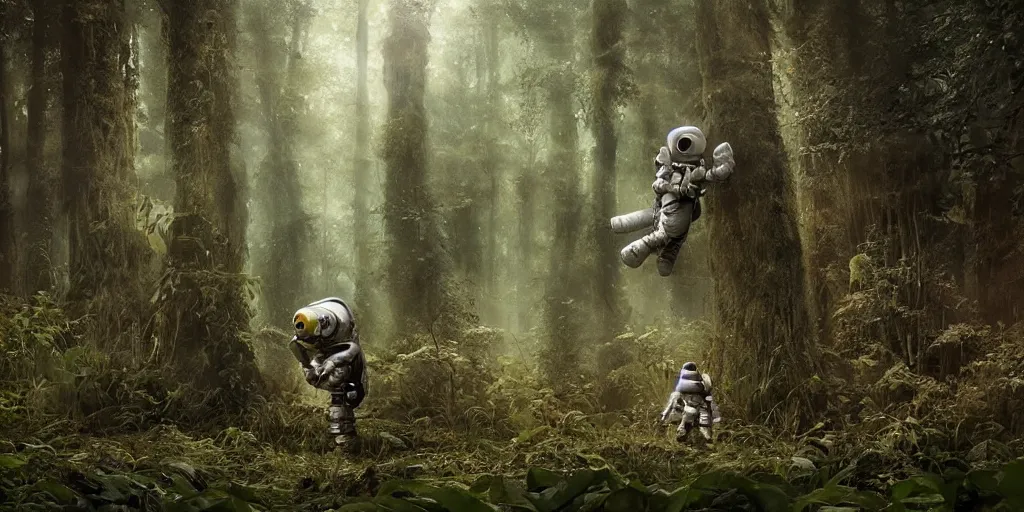 Prompt: an astronaut comes a across a strange furry creature in a forest, a detailed matte painting by frieke janssens, featured on cgsociety, fantasy art, matte painting, reimagined by industrial light and magic, matte drawing