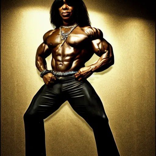 Image similar to Rick james with the physique of a body builder, realistic, detailed, cinematic, dynamic lighting, photorealistic, refined, intricate, digital art, background a gym, masterpiece, 8k