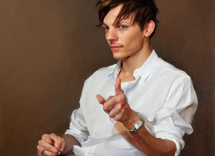 Prompt: a highly detailed beautiful portrait of louis tomlinson, by gregory manchess, james gurney, james jean