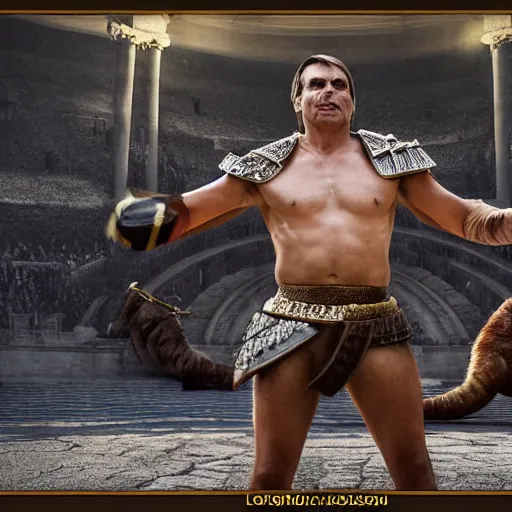 Prompt: bolsonaro as a gladiator, fighting lions in the coliseum. smooth, elegant, highly detailed, digital art, sharp focus, dramatic lighting, artstation, unreal engine, 4 k, 8 k, octane render, ray tracing, 1 5 0 mm, by alessandro maganza and giovanni francesco romanelli f 3. 5