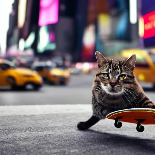 Prompt: A cat riding a skateboard in Times Square, New York City, 4k wallpaper, digital art, trending on artstation