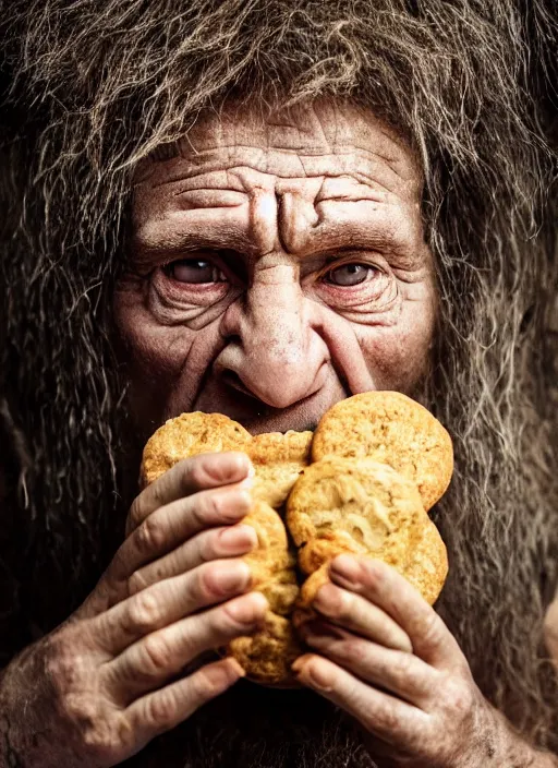 Prompt: closeup portrait of a troll eating biscuits in the dungeon , depth of field, zeiss lens, detailed, symmetrical, centered, fashion photoshoot, by Annie Leibovitz and Steve McCurry, David Lazar, Jimmy Nelsson, Breathtaking, 8k resolution, extremely detailed, beautiful, establishing shot, artistic, hyperrealistic, beautiful face, octane render