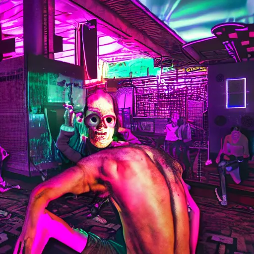 Image similar to 3 d render of a psychopath at a rave, digital art, bizarre, insane, hyper detailed, synthwave