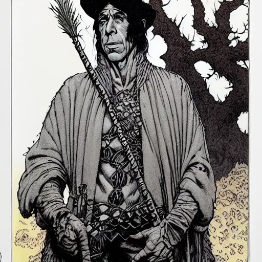 Image similar to a realistic and atmospheric portrait of humphrey bogart as a druidic warrior wizard looking at the camera with an intelligent gaze by rebecca guay, michael kaluta, charles vess and jean moebius giraud