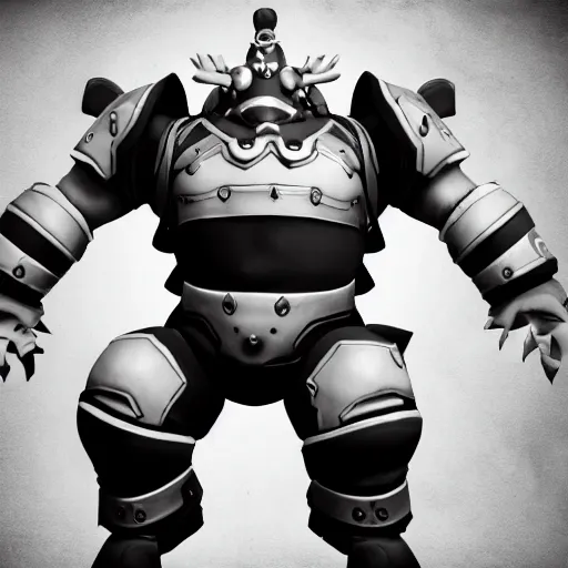 Image similar to full body shot of roadhog from overwatch as a real, imposing person. photograph, black and white