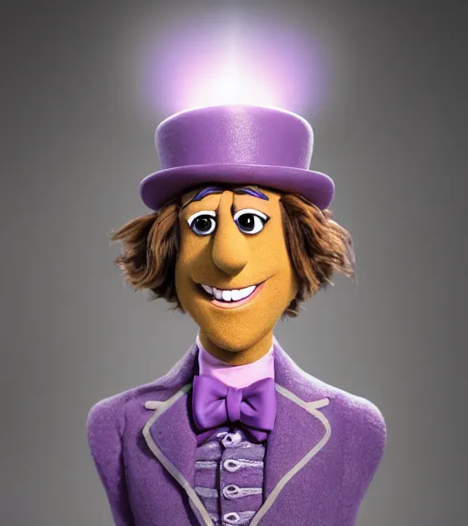 Prompt: Willy Wonka as a Muppet, product shot, macro, hyper realistic, symmetrical face, intricate, face, elegant, light purple mist, highly detailed, cityscape, dramatic lighting, sharp focus, octane render, raytracing, trending on artstation, deviantart, artstationHD, artstationHQ, unreal engine, 4k, 8k