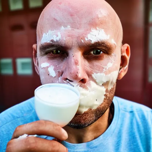 Image similar to close up photo of a bald crimean man with yoghurt on his face