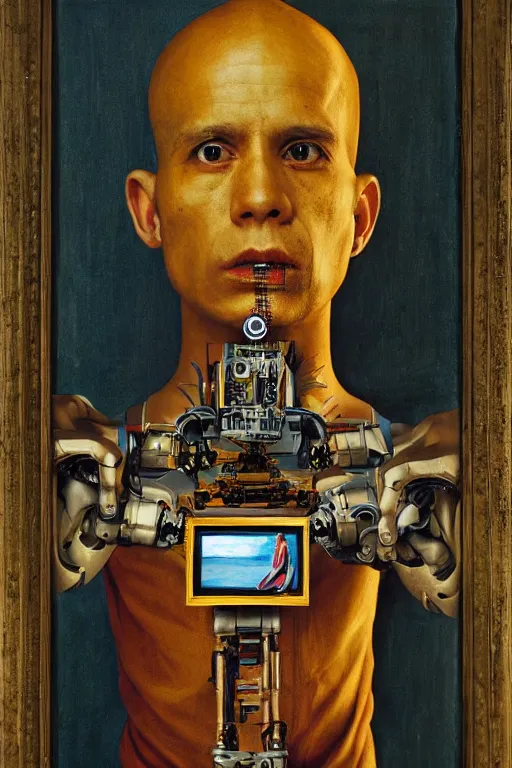 Image similar to robot monk painting a self - portrait on a canvas. intricate, highly detailed, photorealistic, film still, by christopher doyle.