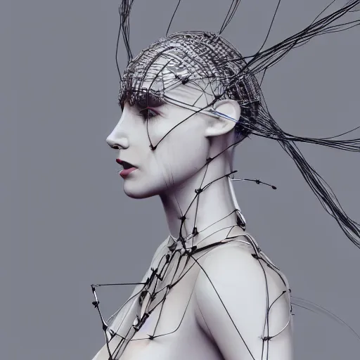 Image similar to hyper realistic woman figure dressed in futuristic dress, with a weird head piece on her head, made of wires, made of feathers, masterpiece, trending on artstation, photograph