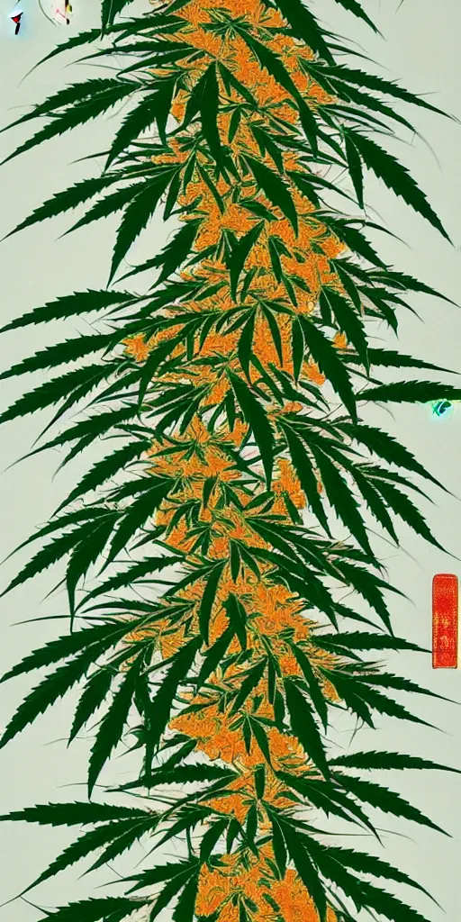 Image similar to A modern fine-art Chinese shanshui painting of cannabis tree with dank buds ready to harvest, full of amber trichome