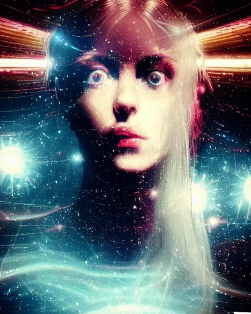 Image similar to a beautiful and eerie baroque painting of a gorgeous young woman in dead space, with wild blonde hair and haunted eyes, 1 9 7 0 s, space station, neon light showing injuries, delicate ex embellishments, painterly