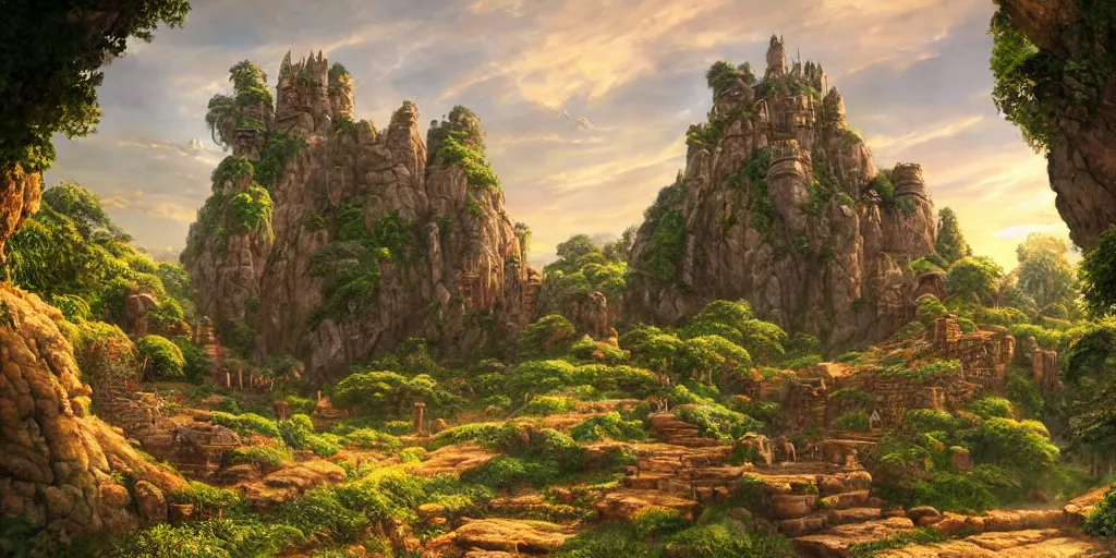 Prompt: sandstone castle, lush and beautiful concept art for the shire, floating rocks in the air, stone city, arabian nights, sand, golden sun, planets, lord of the rings, peter jackson, studio ghibli, detailed, realistic lighting, volumetric lighting, golden hour,