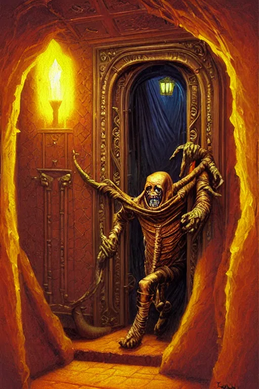 Prompt: classic oil painting, an evil wrapped mummy escapes his ornate tomb, as a dnd character, exit door of the mausoleum, cottagecore, highly detailed, digital illustration, concept art, smooth, sharp focus, art by tim hildebrandt, and greg hildebrandt