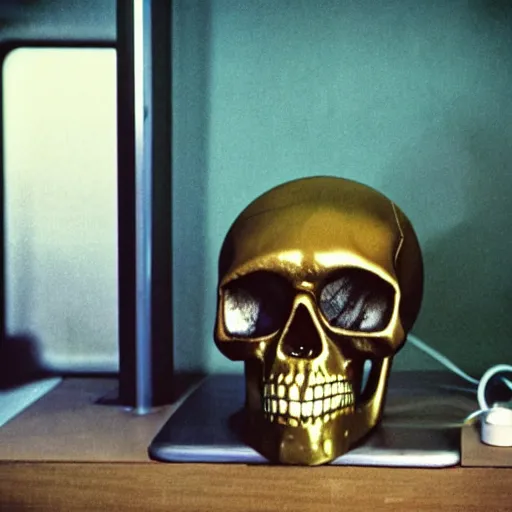 Image similar to large metallic skull attached to an infinitely long coiled cable, stoic and calm, inside of an unlit 1970s convenience store with a soviet computer console on the wall, ektachrome photograph, volumetric lighting, f8 aperture, cinematic Eastman 5384 film