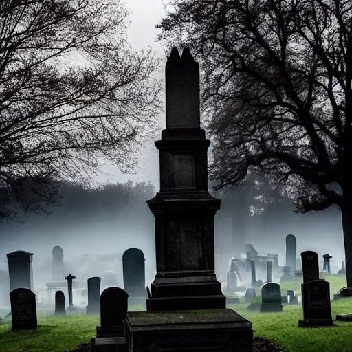 Image similar to memorial statues in a gothic cemetery at dusk, dramatic, gloomy, volumetric light, ground mist