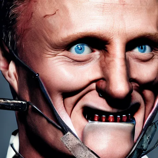 Prompt: close up picture of Hannibal Lecter smirking with bloody teeth, studio picture, movie cover, dark background, shady, highly detailed