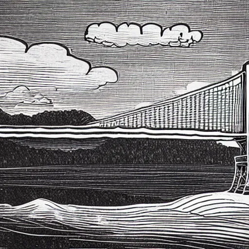 Image similar to steel suspension bridge built in 1 9 2 8, side view, clouds in background, woodcut style, 4 k