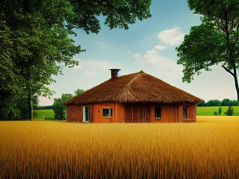 Image similar to hyperrealism photography of beautiful detailed eco house around the forest in small ukrainian village by taras shevchenko and wes anderson, wheat field behind the house