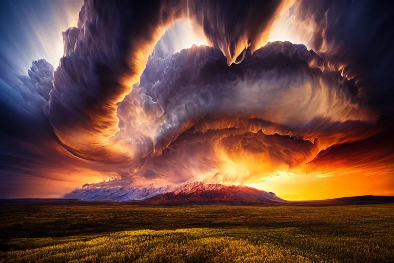 Image similar to yellow gigantic stormcell, landscape photography, sunset, dramatic lighting by Marc Adamus,