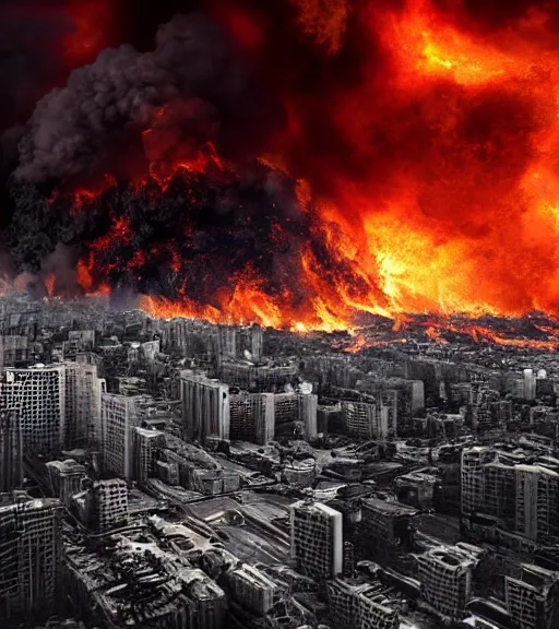 Image similar to Powerful giant destroying city, everything in fire, realistic photo, high detailed