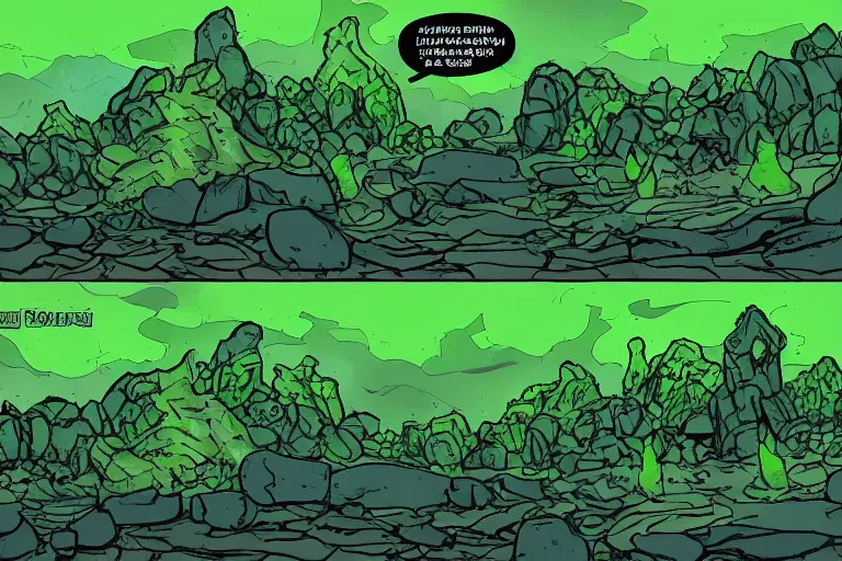 Image similar to glowing green rocks, toxic sludge, like where the hulk would live, landscape, comic book art style, pictures in sequence, storyboarding, speech bubbles, explosions