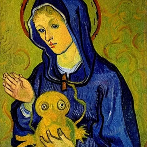 Image similar to the madonna of the goldfish, oil painting by van gogh,