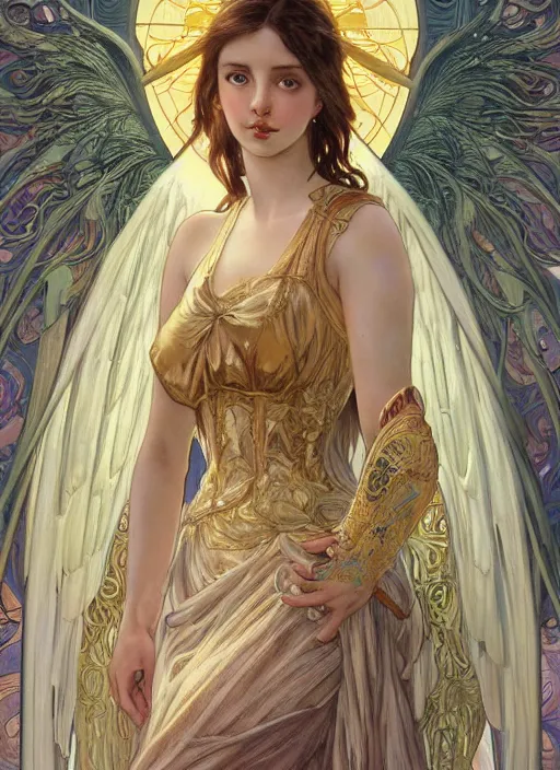 Prompt: realistic detailed painting of a 2 1 - year old girl who resembles ana de armas and millie bobby brown, as an angel with a golden halo wearing intricate art nouveau armor, by alphonse mucha, ayami kojima amano, charlie bowater, karol bak, greg hildebrandt