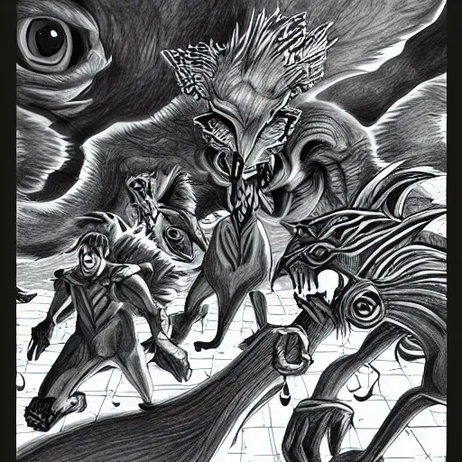 Image similar to detailed drawing of shadows chasing other shadow monsters by art gem.