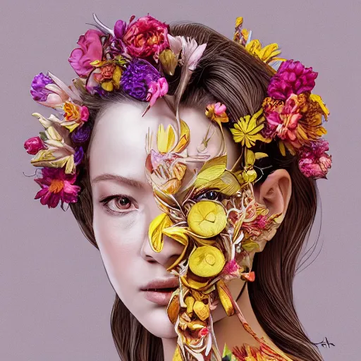 Image similar to the portrait of an absurdly beautiful, graceful, elegant innocent woman made of bananas and petals looking up, an ultrafine detailed illustration by kim jung gi, irakli nadar, intricate linework, bright colors, octopath traveler, final fantasy, angular, unreal engine 5 highly rendered, global illumination, radiant light, detailed and intricate environment