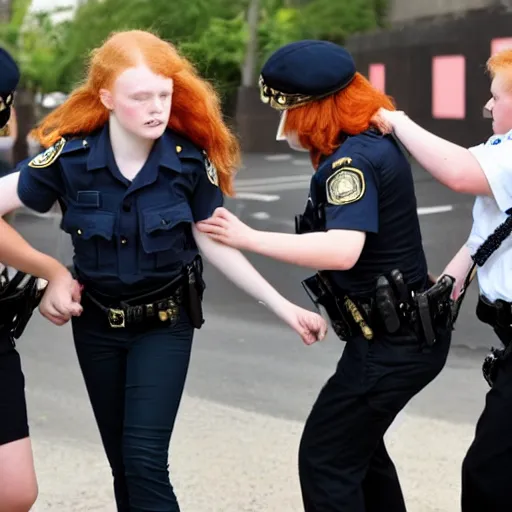 Prompt: a cute teen a girl with ginger hair and shirt and skirt getting arrested for not being blonde hair girl