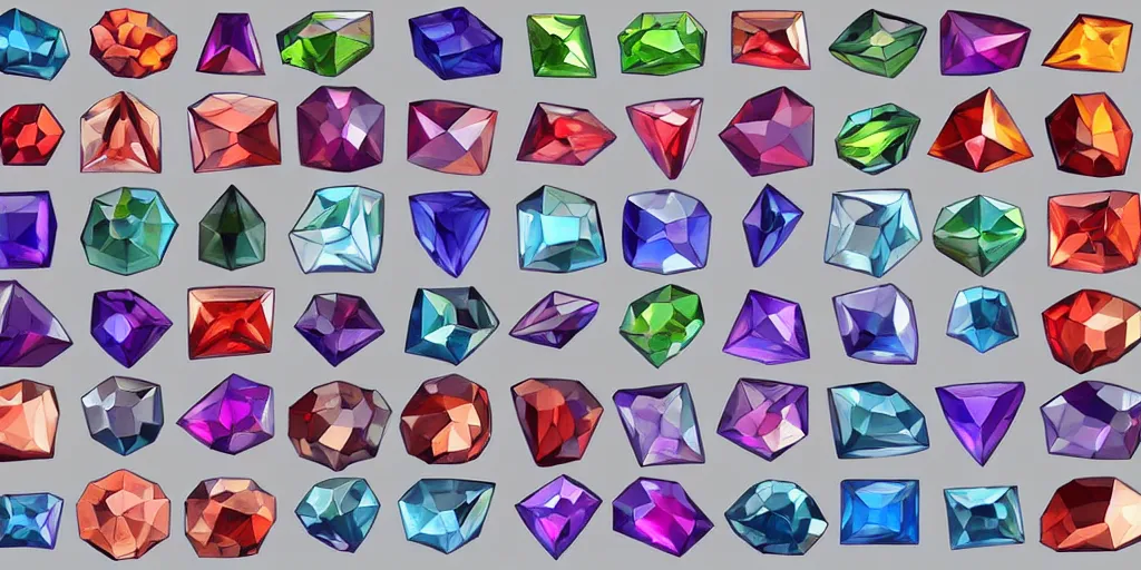 Prompt: game asset sheet, assorted cut gemstones, blank background, fantasy, 2 d