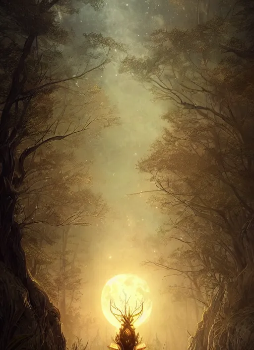 Image similar to fantasy book cover, full moon, fantasy forest landscape, golden vector elements, fantasy magic, dark light night, intricate, elegant, sharp focus, illustration, highly detailed, digital painting, concept art, matte, art by WLOP and Artgerm and Albert Bierstadt, masterpiece