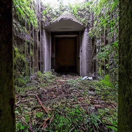 Prompt: abandoned, overgrown, underground bunker, waterfall room