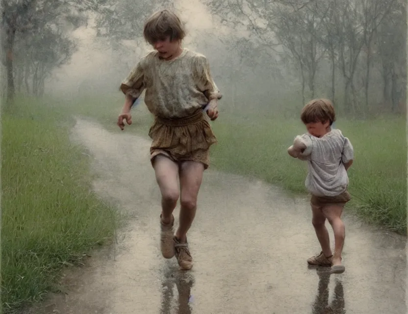 Image similar to peasant boy running under the rain, cottage core, cinematic focus, polaroid photo bleached vintage pastel colors high - key lighting, soft lights, foggy, by steve hanks, by lisa yuskavage, by serov valentin, by tarkovsky, 8 k render, detailed, oil on canvas