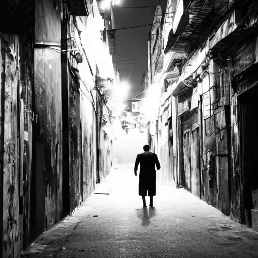 Prompt: a detailed photo of a lonely man walking down a claustrophobic narrow street at night with neon signs, graffiti in kolkata, india in the style of ansel adams, man ray