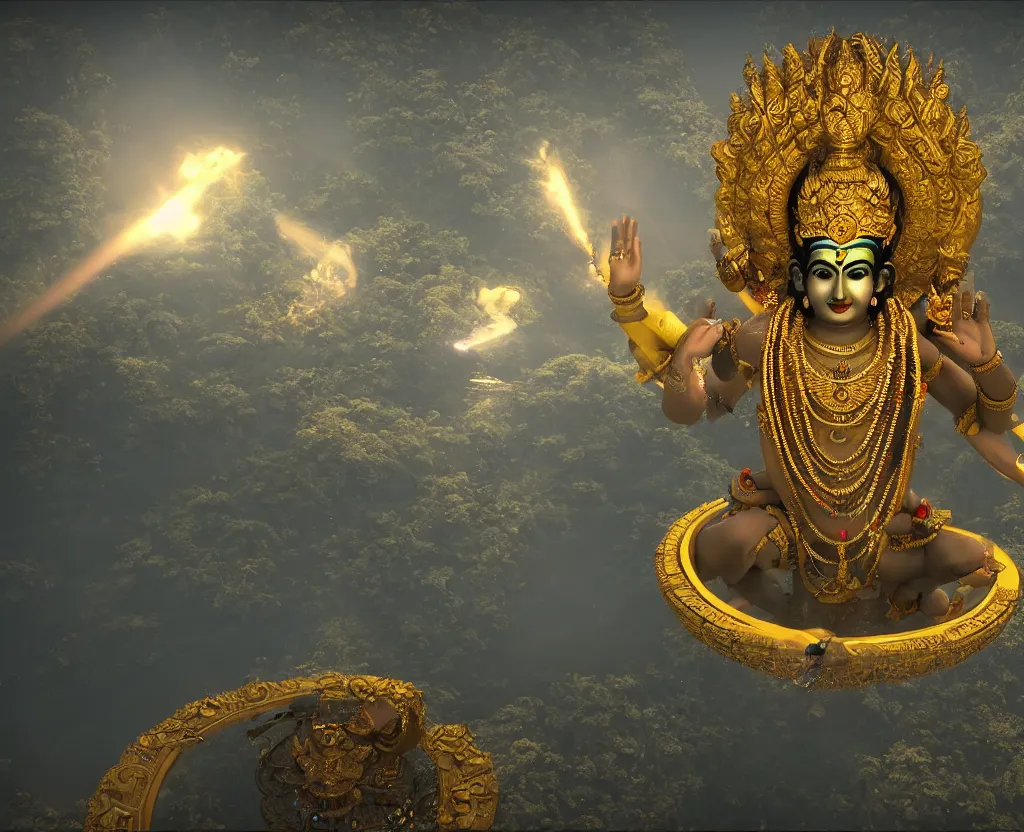 Image similar to vishnu descending from an ufo over s temple in india during the night, cinematic, unreal engine 5