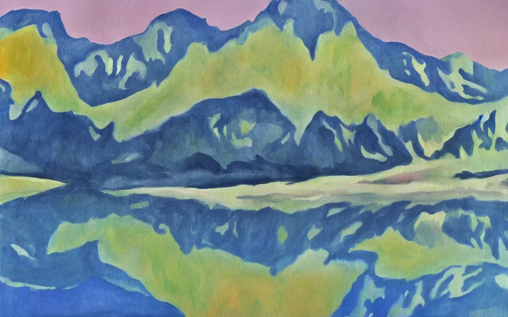 Prompt: the alps and reflection in a lake in the style of georgia o keeffe. colorful, wavy. painting.