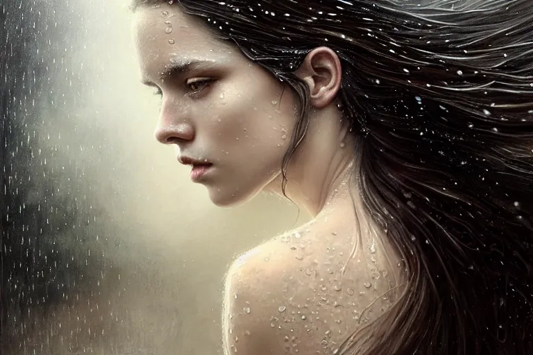 Prompt: highly detailed portrait of a beautiful girl running in rain with wet dark hair and pale face, fantasy, intricate, elegant, dramatic lighting, emotionally evoking symbolic metaphor, highly detailed, lifelike, photorealistic, digital painting, artstation, concept art, smooth, sharp focus, illustration, art by John Collier and Albert Aublet and Krenz Cushart and Artem Demura and Alphonse Mucha