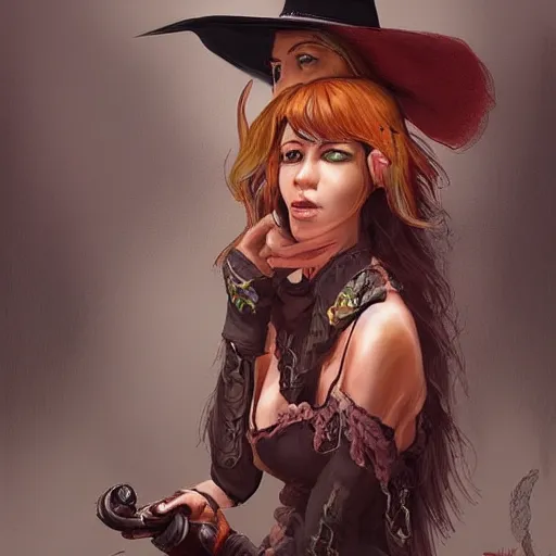 Prompt: beautiful cowboy witch, wild west, detailed, concept art, trending on artstation