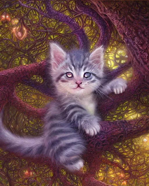 Image similar to an adorable cheshire kitten asleep in a tree | highly detailed | very intricate | symmetrical | whimsical and magical | soft cinematic lighting | award - winning wonderland | painted by donato giancola and paul lehr and ross tran | pastel color palette | featured on artstation